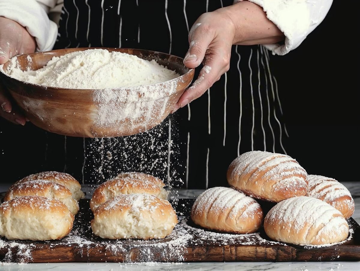 Geste artisanal — farine au-dessus des pains